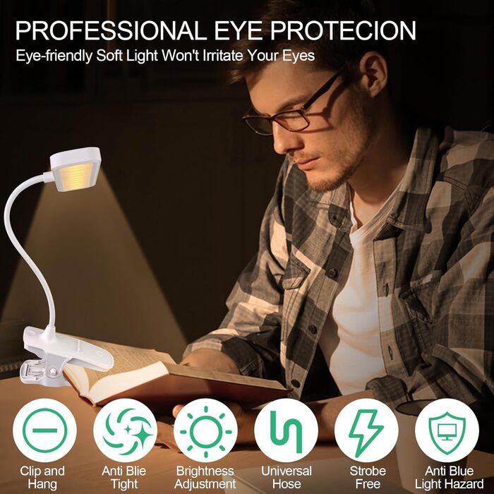 LED-лампа для читання на прищіпці, USB-зарядка, 3 режими кольору, регулювання яскравості, захист очей, 360° гнучка, для читання в ліжку, офісі, в подорожах