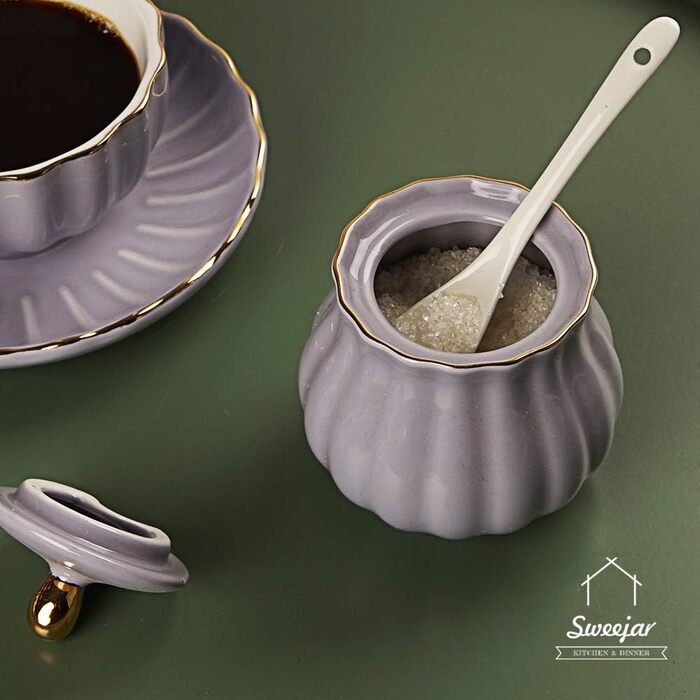 Sweejar Home Royal Ceramic Sugar and Creamer Set, 3-Piece Set with Cream Pitcher, Sugar Bowl, Sugar Set with Lid and Spoon (purple)