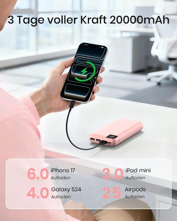 Power Bank A ADDTOP 20000mAh 22.5W Рожевий - Зовнішній акумулятор з USB-C та 4 портами для швидкої зарядки телефону
