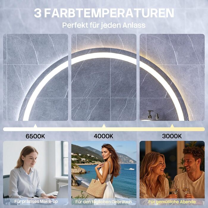 Дзеркало для ванної кімнати HySail з підсвічуванням, 5 мм високоякісне срібне скло, 3 колірні температури та регульована яскравість, настінне дзеркало з сенсорним вимикачем та антизапарюючим покриттям, кругле, 70 x 70 см