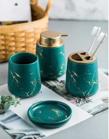 Набір аксесуарів для ванної кімнати: 4 предмети з ефектом темного зеленого мармуру (дозатор мила, тримач для зубних щіток, стакан, мильниця)