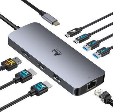 Док-станція USB-C для ноутбука з підтримкою 2 моніторів, 8 в 1: HDMI, DisplayPort, Ethernet, PD 100W, USB 3.0, сумісна з Dell, HP