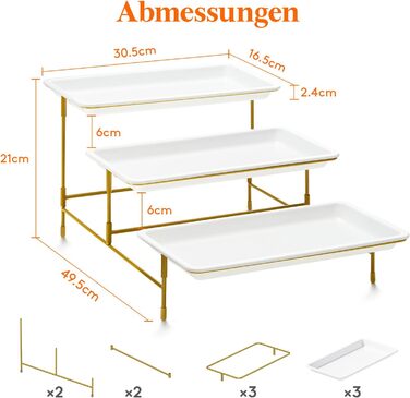 Lifewit 3-Tier Etagere with 30 x 17 cm Plastic Serving Plates, 3-Level Serving Tray/Serving Platter with Folding Gold Metal Shelf, Buffet Party Accessories for Vegetables/Fruit/Cookies/Cake