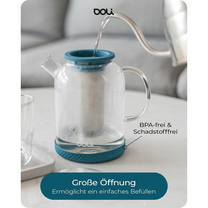 Скляний чайник Doli 1,5 л з сіткою з нержавіючої сталі, чорний — для гарячих та холодних напоїв, підходить для посудомийки, BPA-free