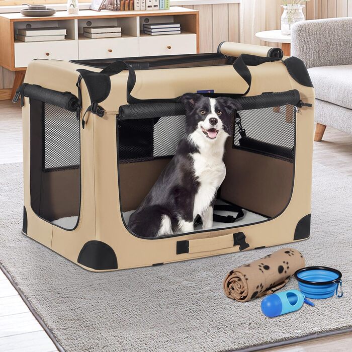 Транспортний бокс для тварин Petprsco з м'якими стінками, 3-дверний, складний, з ременями, для котів та собак, 81x58x58 см, бежевий