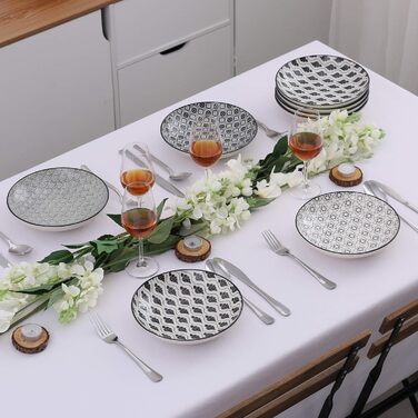 Набір тарілок Vancasso Haruka: 8 шт. (4 супові, 4 глибокі), кераміка, 700мл, діаметр 21 см (чорний + кремовий)