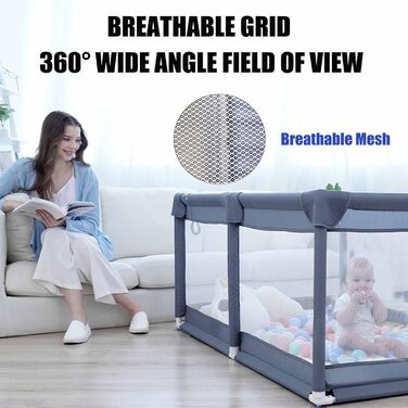 VTERLY Baby Playpen, 150 x 180 x 68cm Playard/Safety Gate with Storage Bag, Breathable Mesh, Anti-Collision Foam Playpen, Baby Playpen, Playard for Kids - Grey 150*180cm