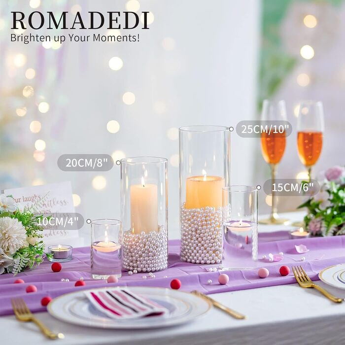 Candle Holder Glass Candle Stand Glass Cylinder: Romadedi 12-Piece Set Candle Holders for Pillar Candles, Floating Candles, Candle Glass Vase for Wedding Party Dining Table Table Decoration Living Room Decor (15/20/25cm, 2 Sets)