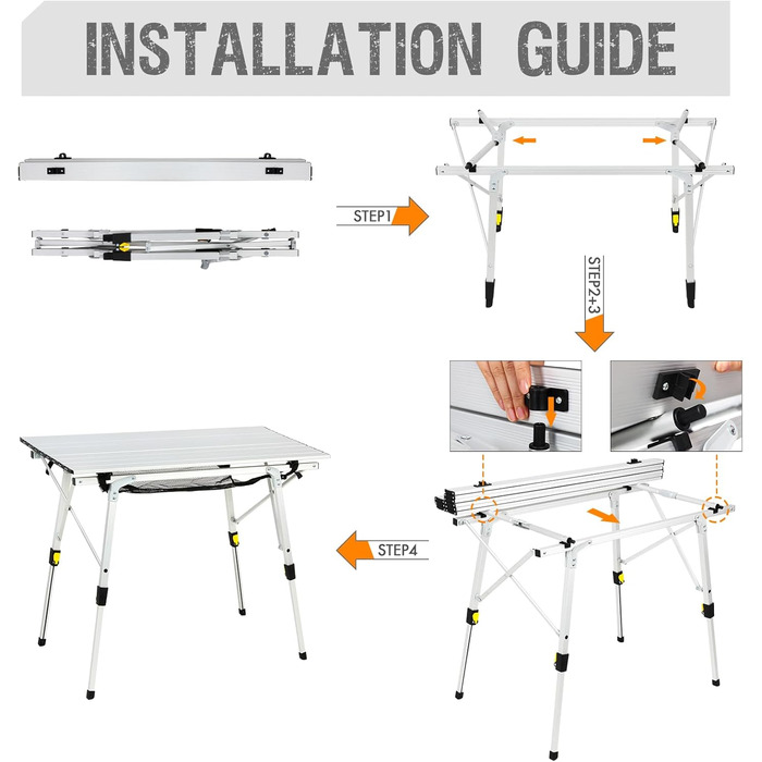 Складний алюмінієвий стіл для кемпінгу Portal 90x53 см, регульована висота, на 4 особи, сріблястий