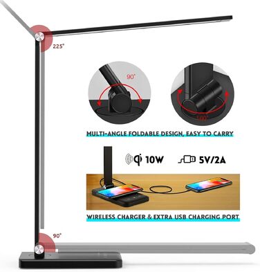 Настільна LED лампа BIENSER 20W з бездротовою зарядкою та USB-портом, 10 рівнів яскравості, 5 режимів світла, таймером та функцією пам'яті, чорна