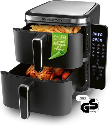 Фритюрниця повітряна GOURMETmaxx з вертикальною подвійною камерою | 10л | Чорний матовий колір | 2 камери по 5л | Airfryer з сенсорним дисплеєм