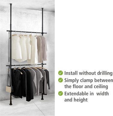 WENKO Telescopic Wardrobe System Hercules Basic (Black, Bundle with 2-Piece Clothes Rail Set)
