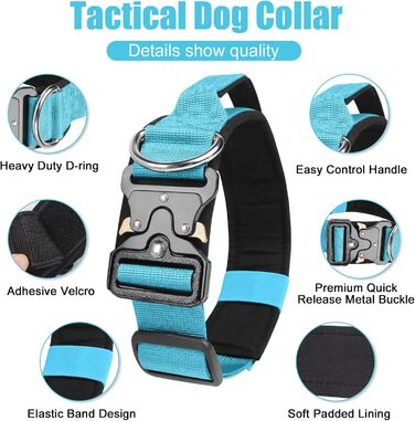 Тактичний нашийник для собак Ledeak з ручкою, регульований, широкий, з м'якою підкладкою, надійний, з металевою застібкою, для дресирування (фіолетовий, синій, L)