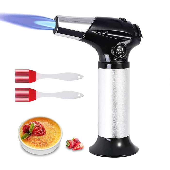 Газовий пальник Flintronic для крем-брюле, приготування їжі та барбекю, з 3-ма соплами, 2 щітками, блокуванням безпеки (Butan в комплекті не входить), сріблястий (#3 901-чорний)