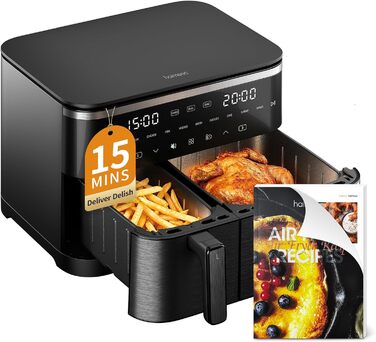 Електрична фритюрниця повітряна 11л, 2 камери з грилем, 10-в-1, без олії, з нагадуванням про струшування <60дБ, з антипригарним покриттям, 78 рецептів