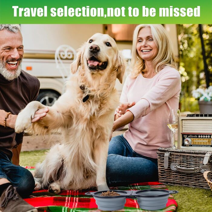 Складаний миска для собак SLSON, подвійний, для подорожей, прогулянок, намету, сірий