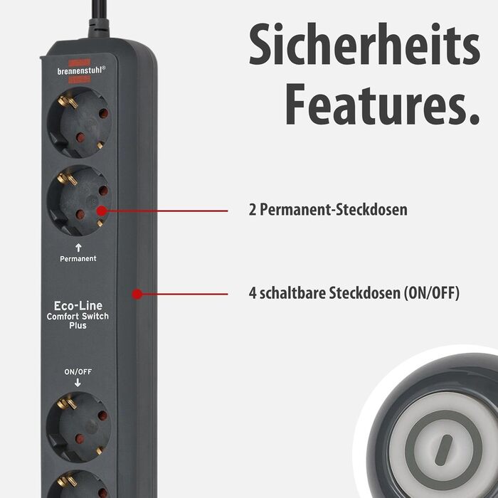 Бренненштуль Eco-Line Comfort Switch Plus мережевий фільтр 6-фазовий (розподільний блок з 2 постійними та 4 вимикачами, підсвічений вимикач) антрацит