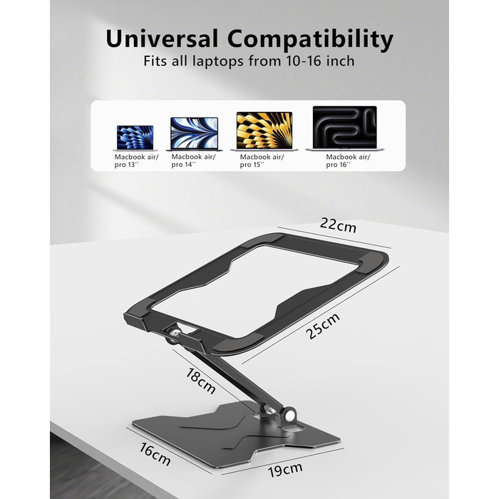 Adjustable Laptop Stand for Desk - Portable Aluminum Laptop Riser, Foldable, Fits HP 10-16 Inch Laptops, Black