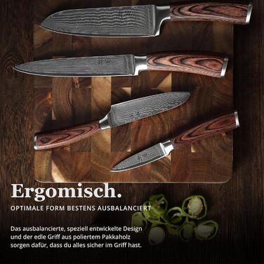 Набір кухонних ножів Wakoli EDIB Damast 4 шт. з 67 шарів дамаської сталі (VG10) з дерев'яною ручкою. Включає: Сантоку, Офісний ніж, Ніж для м'яса. У подарунковій коробці (без гравіювання, без підставки)