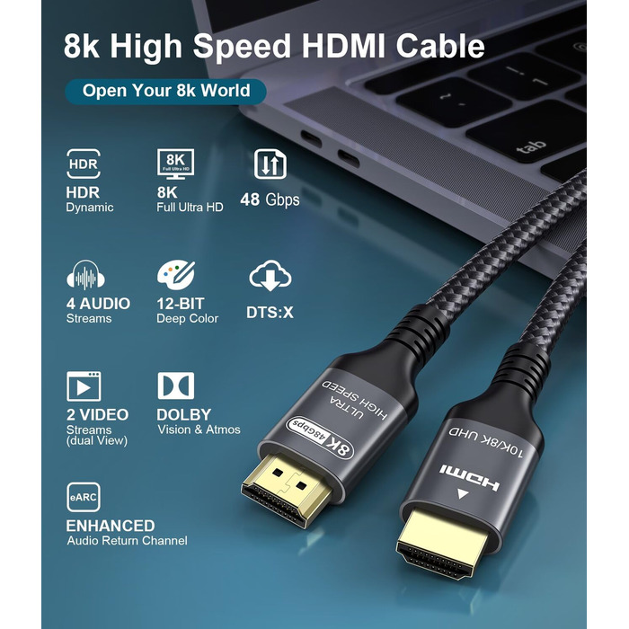 HDMI 2.1 кабель Adauxter 2 метри: 8K, 48Gbps, eARC, HDCP2.3, HDR10+, для PS5, X-Box, PC, TV, монітор