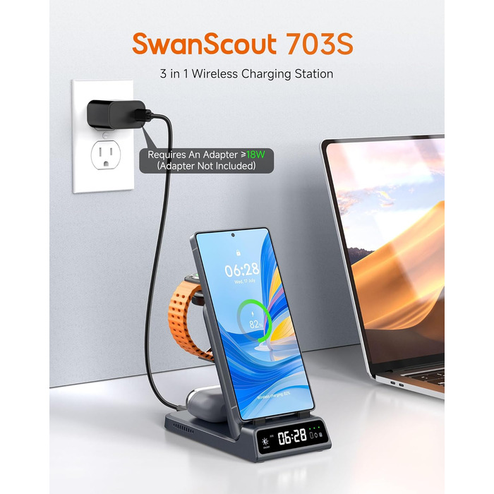 Бездротова зарядка SwanScout 703S 3-в-1 для Samsung Galaxy S25/S24/Fold 7, Watch 8/8 Classic/Ultra та Buds (Технічний сірий)
