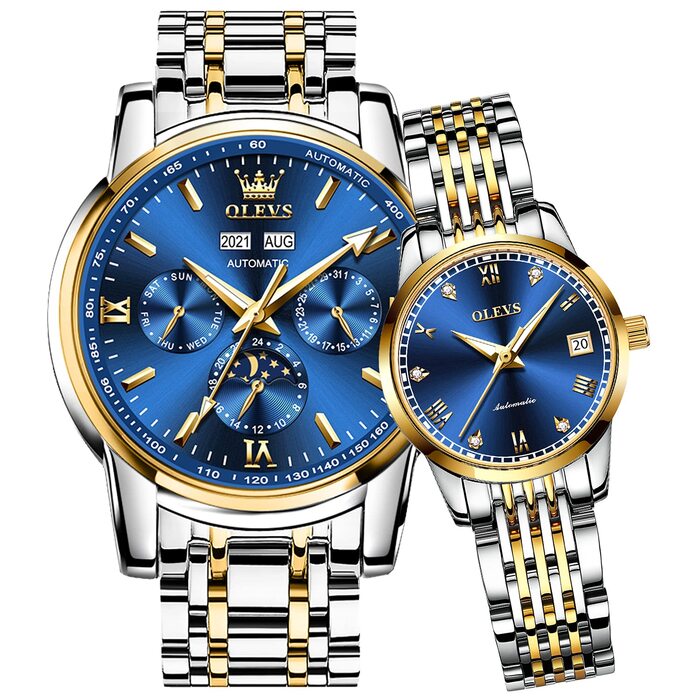 Набір механічних автоматичних годинників для пари OLEVS з календарем та фазами місяця, двоколірні (синій колір, Tourbillon)