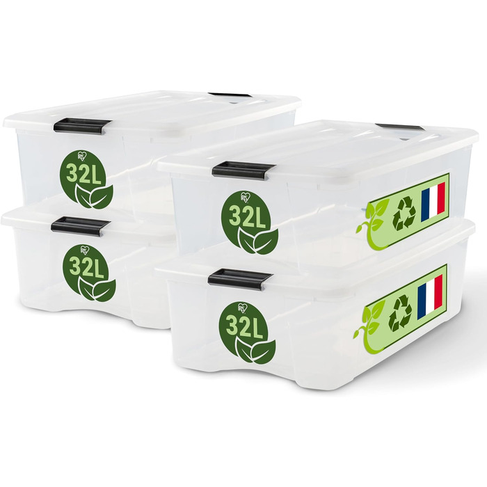 Iris Ohyama Storage Box with Lid, 6-Piece Set, Transparent, Snap Closures with Handles, Stackable, Strong & Durable, For Clothing, Garage, Home, Office, Plastic Box, Storage TB-45 (32L, x4)
