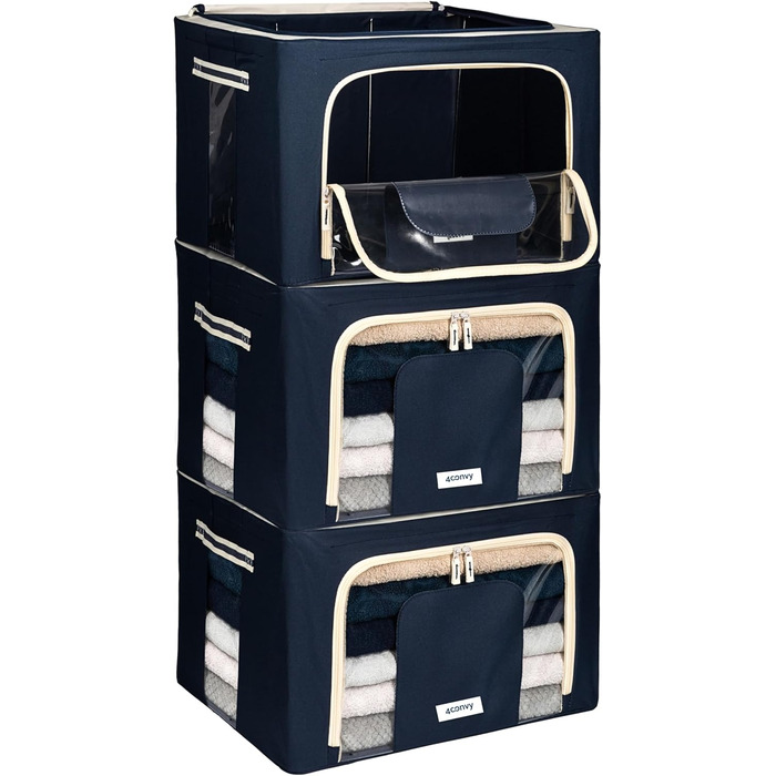 Durable Foldable Clothes Storage Box with Zipper, Metal Frame - [2024 IMPROVED MATERIAL] Duvet Storage Bag – Sturdy Clothes Storage Box (Blue, 3x66L)