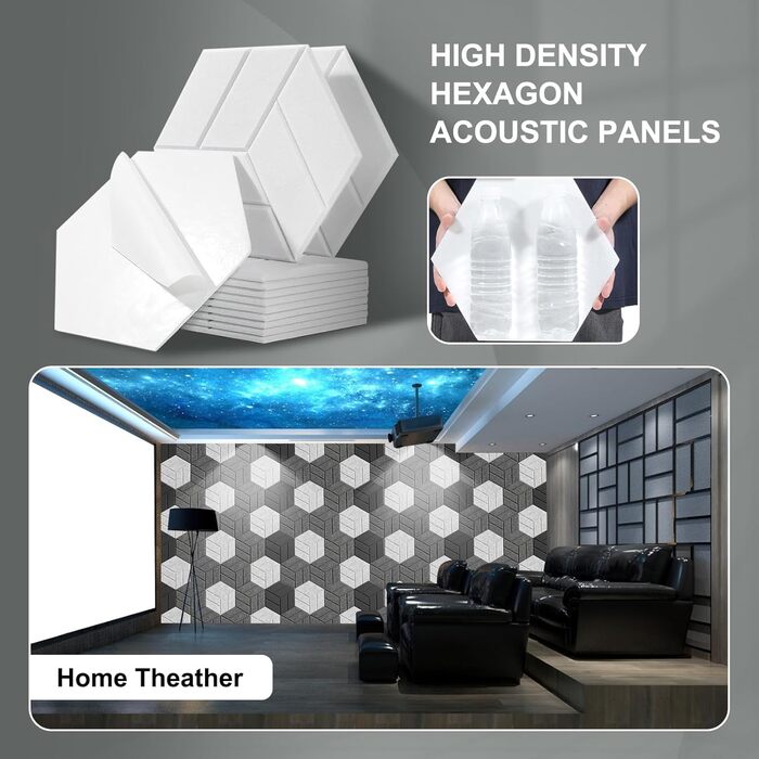 Набір самоклеючих акустичних панелей гексагон 12 шт, звукопоглинаючий акустичний поролон для студії, офісу та геймерської кімнати (30x26x0.9 см), білий