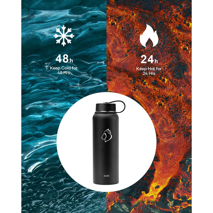 Insulated water bottle, 2 l, stainless steel, with straw lid and Flexseal closure, keeps cold for 48 hours, hot for 24 hours, double-walled, wide opening, BPA-free, leak-proof, (1180 ml, Black)