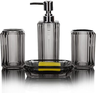 Набір аксесуарів для ванної кімнати з акрилу преміум-класу (4 шт.): дозатор для дезінфектора, диспенсер для лосьйону, мильниця, стакан для ополіскувача, стакан для зубної пасти (щіткова чорна/сіра)