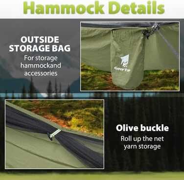 Гамак GEERTOP з москітною сіткою, 300 кг вантажопідйомність, для кемпінгу, походів, виживання, подорожей, саду