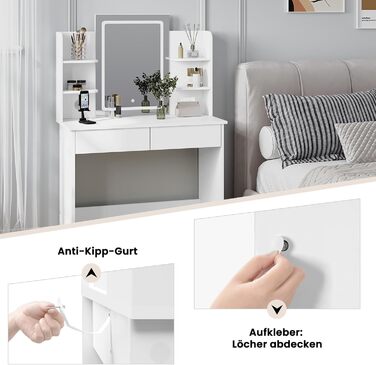 Туалетний столик WOLTU з LED-підсвіткою, регульованою яскравістю, 2 USB-портами, дзеркалом, 2 шухлядами та 4 відкритими полицями, білий, для макіяжу і спальні, модель MB6112ws з гірляндою