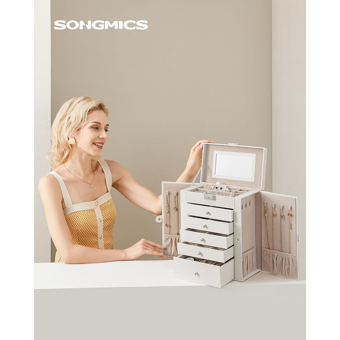 SONGMICS Скринниця для прикрас з 6 ярусами, 5 шухлядами, дзеркалом, замком, білий JBC152W01. Організатор для ювелірних виробів, подарунок.