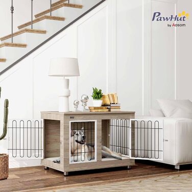 Клітка для собак PawHut з бічним столиком, 90x58x65 см, горіховий колір, для дому, з подушкою