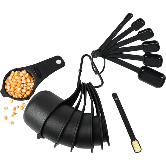 Black Measuring Cup and Spoon Set, 15 Pieces, Plastic, BPA-Free, Stackable, for Baking and Cooking