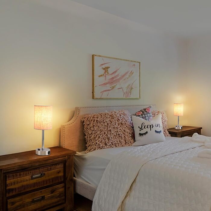 LED-лампа на тумбочку з сенсорним керуванням, диммуванням, USB-портом A+C, тканинним абажуром, металевою основою, для спальні, офісу, вітальні (з лампочкою) (Бежевий)