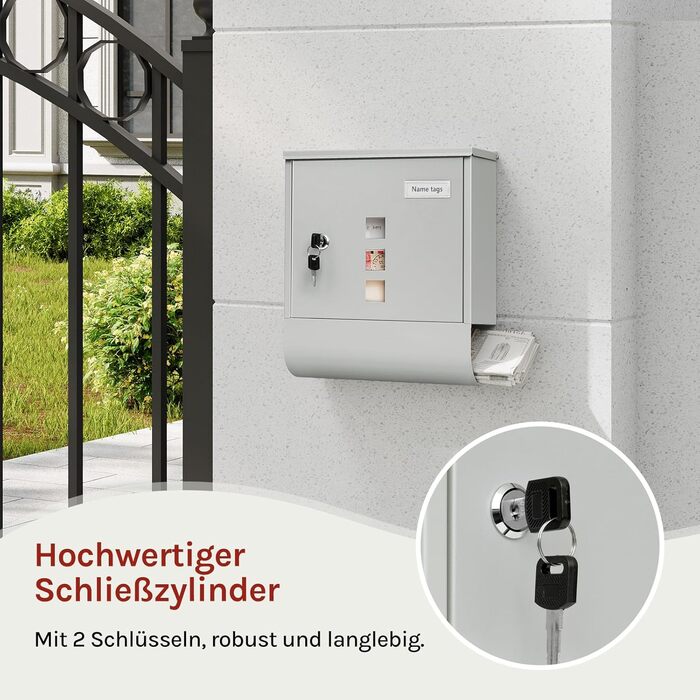 Поштовий ящик WOLTU з газетницею, оглядовим вікном та табличкою для імені, настінний, замикається на ключ (2 ключі), сучасний, сірий (30,5x33,5x9 см)