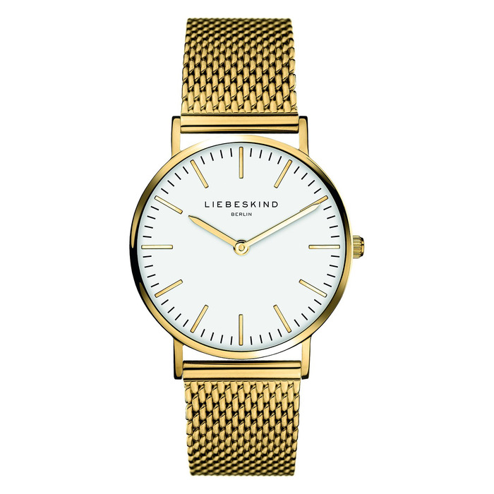 Годинник жіночий Liebeskind Berlin – круглий кварцовий годинник 34 мм – сітчатий ремінець – водостійкий 5 ATM – сучасний та елегантний – доступний у різних кольорах: золото / білий