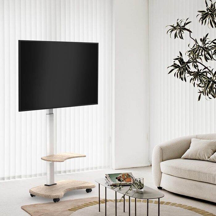 Підставка для телевізора Stellar на коліщатках з полицею, біла. Регульована висота, поворотна. Для телевізорів 32-70 дюймів, до 45 кг, VESA до 600x400