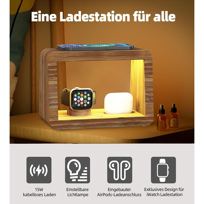 Багатофункціональна заряджна станція 5-в-1 з бездротовим зарядним пристроєм, світлодіодним нічником та годинником, бамбукова, сумісна з Apple Watch, AirPods, Samsung Galaxy та іншими пристроями