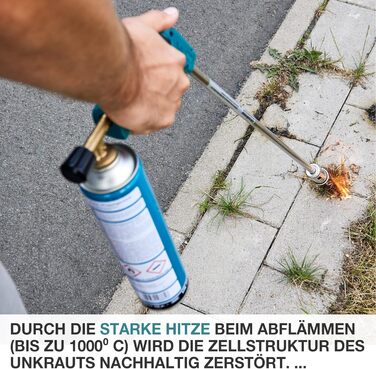 TOM Weed Burner Set + 4 x 330 g Universal Gas Cartridge with Screw Thread 600 ml – Flaming Device ideally suited for weed removal on paving stones, sidewalks, and paved joints. Grill lighter, Blue