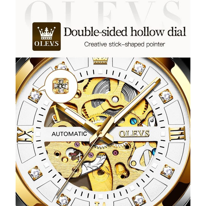 Чоловічий механічний годинник OLEVS Skeleton Automatic — золотий корпус, сталевий браслет, сріблястий циферблат, водонепроникний, люмінесцентний