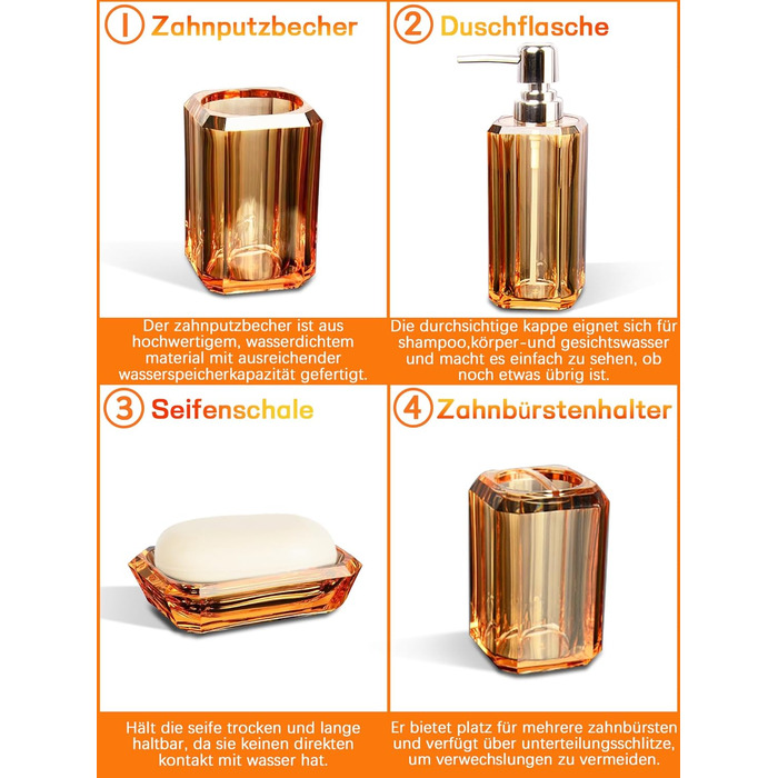 Набір аксесуарів для ванної кімнати, 4 шт. Акриловий набір для ванної: дозатор для лосьйону, стакан, тримач для зубних щіток, мильниця. Сучасний декор для ванної кімнати.