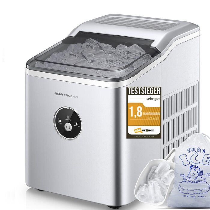Машина для приготування льоду Eiswürfelmaschine - Тест-переможець 2024, 14 кг/24 год, 9 кубиків за 6-8 хв, тиха робота, 120W з лопаткою та кошиком, компактна для дому/офісу, срібна