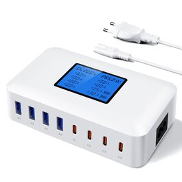 Зарядний пристрій RENGOGA 200W USB C GaN з 8 портами, LED дисплеєм, 65W USB-станція для iPad Pro/Air, MacBook, iPhone 16/15/14, Galaxy S24 - Білий
