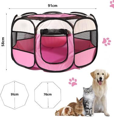 Клітка-загін для собак та котів, портативна огорожа для тварин, 91x91x58 см, рожева