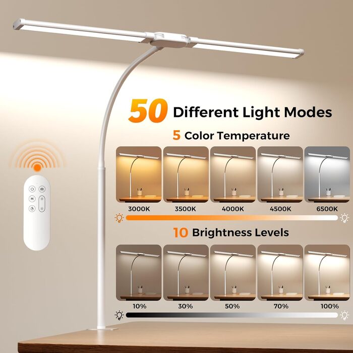 Світлодіодна настільна лампа Skyleo з двома головами, пультом та сенсорним керуванням, 12 Вт, 5 режимів, таймер, гнучкий кронштейн для дому та офісу (біла, 61 см з кліпсою)