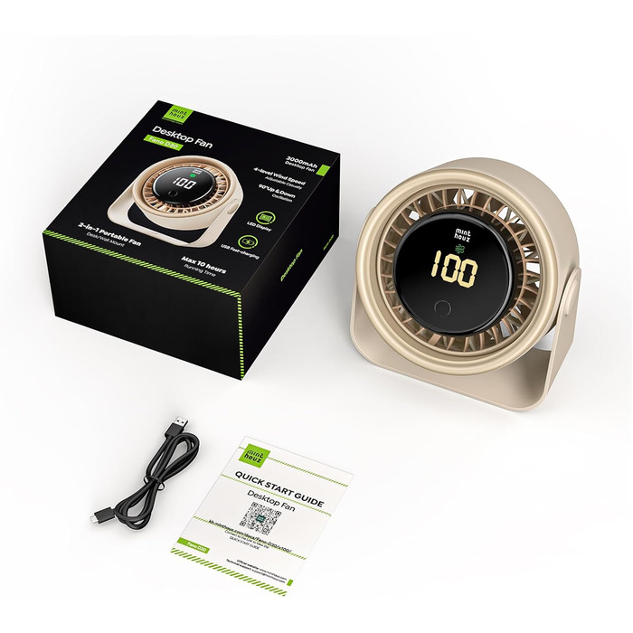 USB вентилятор Minthouz 3000mAh з LED-дисплеєм, 4 швидкості, поворотний, для офісу, спальні, на вулицю