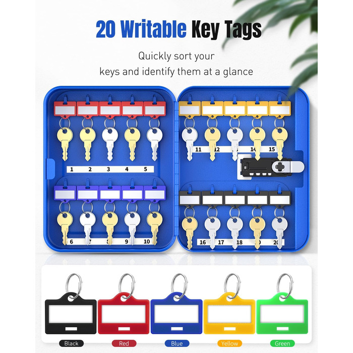 Шкафчик для ключів Uniclife на 60 позицій з комбінацією та ключовим замком, переналаштовується, цифрова скринька безпеки, органайзер для ключів з регульованими полицями (20 ключів, блакитний)